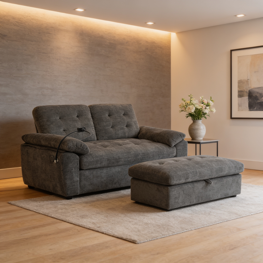 Leisure sofa chair,Double sofa recliner, with manually adjustable backrest, soft padded armrests, side USB charging port and phone stand, comes with a matching storage ottoman-Gray-W487S00522 - 场景图
