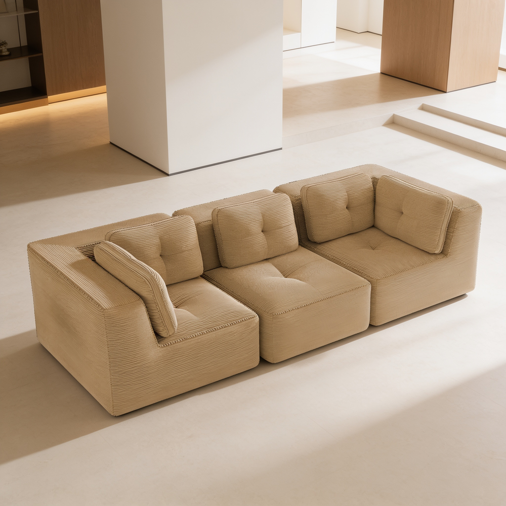 Modern Modular Sectional Sofa for Living Room, Corduroy Fabric, Oversized 3-Seaterwith Deep Seat , Pearl-like piping, Tufted Design, No Assembly, Anti-slip Design, Camel-W714S01783 - 场景图