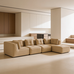 Modern Modular Sectional Sofa for Living Room, Corduroy Fabric, 4-Seater Couch with Deep Seat and Movable Ottoman,Pearl-like piping, Tufted Design,No Assembly, Anti-slip Design,Camel-W714S01787 - 场景图