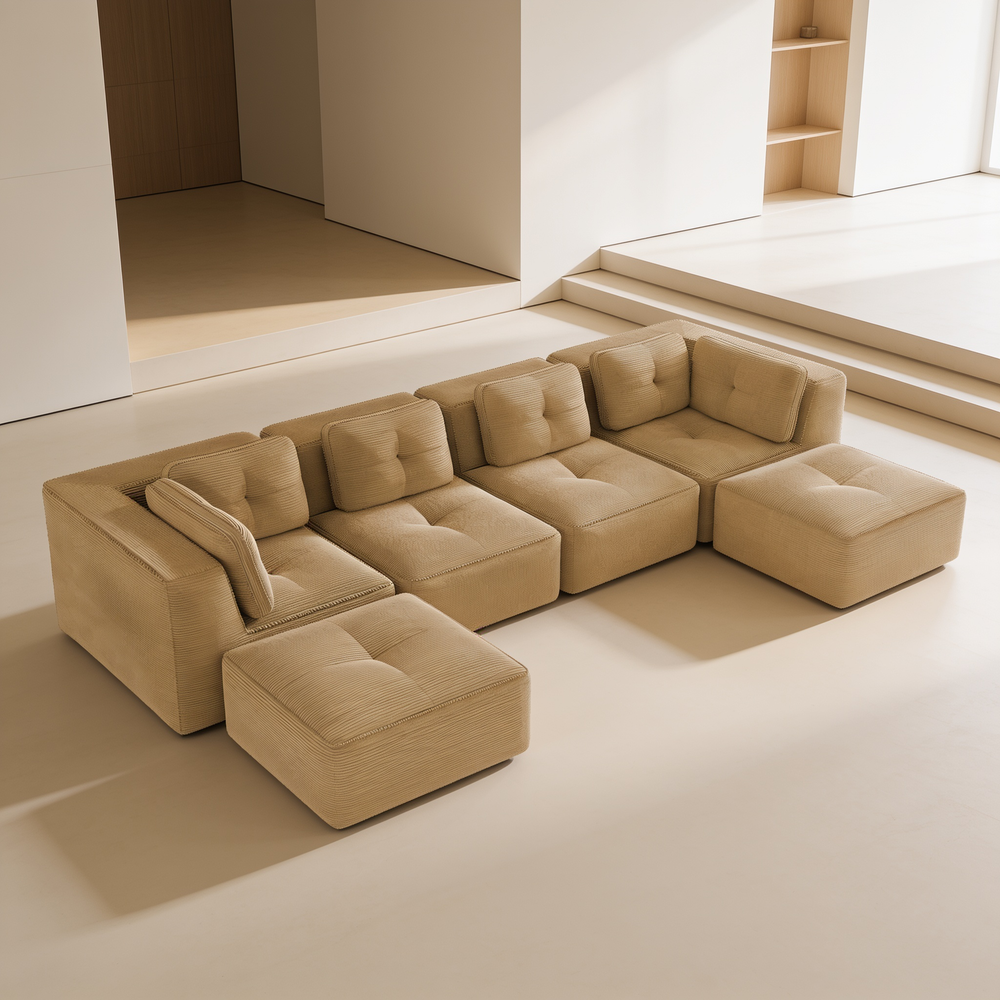 Modern U-Shaped Modular Sectional Sofa for Living Room, Corduroy Fabric, 4-Seater Couch with Deep Seat and 2-Movable Ottoman,Pearl-like piping, Tufted Design, No Assembly, Anti-slip Design, Camel-W714S01788 - 场景图
