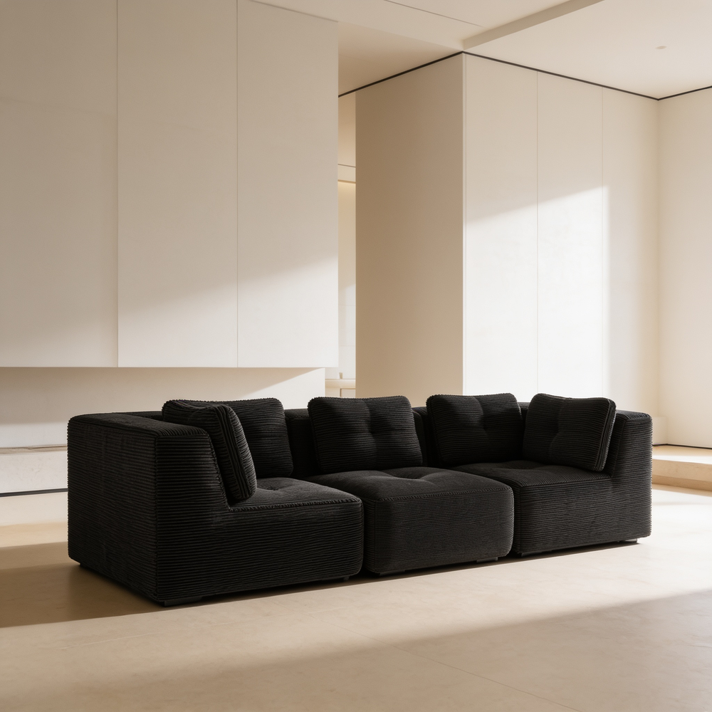 Modern Modular Sectional Sofa for Living Room, Corduroy Fabric, Oversized 3-Seaterwith Deep Seat , Pearl-like piping, Tufted Design, No Assembly, Anti-slip Design, Black-W714S01789 - 场景图