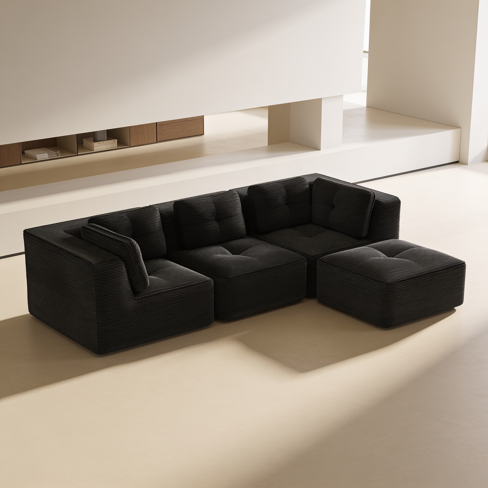 Modern Modular Sectional Sofa for Living Room, Corduroy Fabric,3-Seater Couch with Deep Seat and Movable Ottoman,Pearl-like piping, Tufted Design, No Assembly, Anti-slip Design, Black-W714S01790 - 场景图
