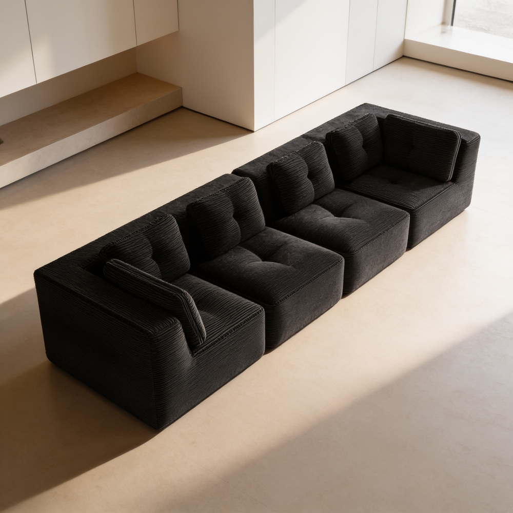 Modern Modular Sectional Sofa for Living Room, Corduroy Fabric, Oversized 4-Seaterwith Deep Seat , Pearl-like piping, Tufted Design, No Assembly, Anti-slip Design, Black-W714S01792 - 场景图