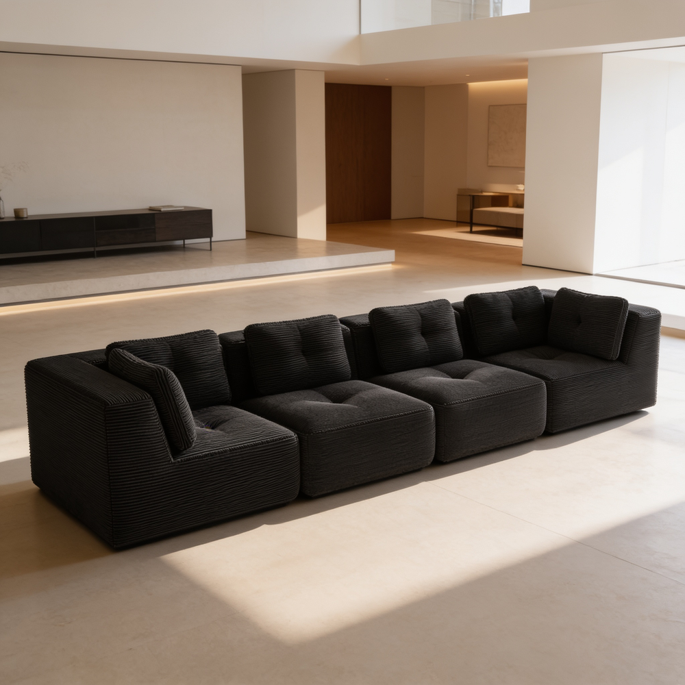 Modern Modular Sectional Sofa for Living Room, Corduroy Fabric, Oversized 4-Seaterwith Deep Seat , Pearl-like piping, Tufted Design, No Assembly, Anti-slip Design, Black-W714S01792 - 场景图