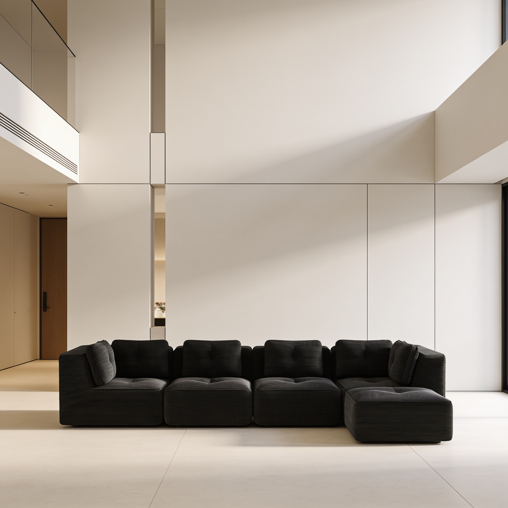Modern Modular Sectional Sofa for Living Room, Corduroy Fabric, 4-Seater Couch with Deep Seat and Movable Ottoman,Pearl-like piping, Tufted Design,No Assembly, Anti-slip Design,Black-W714S01793 - 场景图