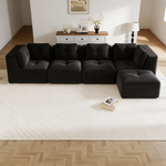 Modern Modular Sectional Sofa for Living Room, Corduroy Fabric, 4-Seater Couch with Deep Seat and Movable Ottoman,Pearl-like piping, Tufted Design,No Assembly, Anti-slip Design,Black-W714S01793 - 场景图