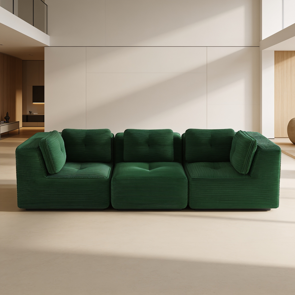Modern Modular Sectional Sofa for Living Room, Corduroy Fabric, Oversized 3-Seaterwith Deep Seat , Pearl-like piping, Tufted Design, No Assembly, Anti-slip Design, Green-W714S01795 - 场景图