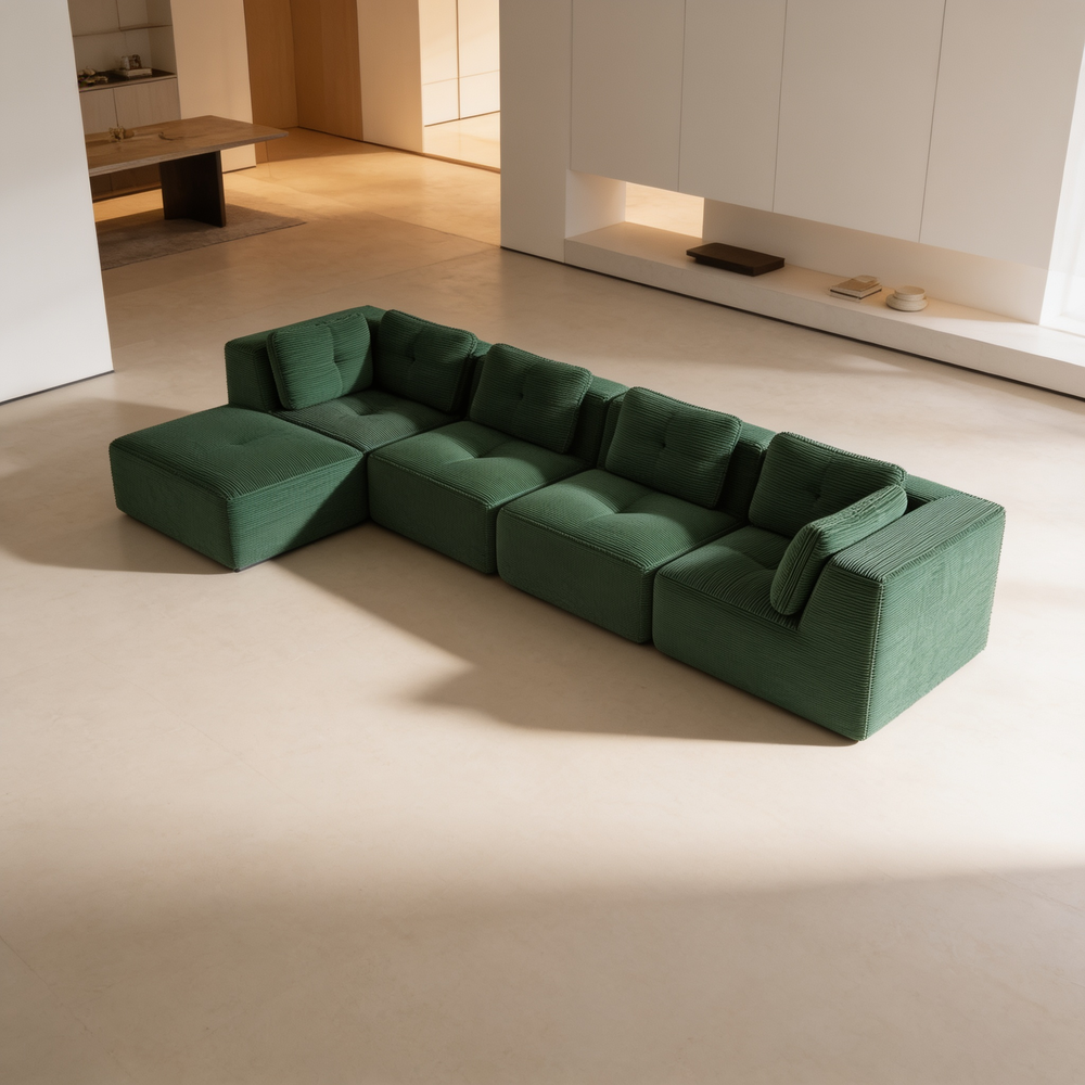 Modern Modular Sectional Sofa for Living Room, Corduroy Fabric, Oversized 4-Seaterwith Deep Seat , Pearl-like piping, Tufted Design, No Assembly, Anti-slip Design, Green-W714S01798 - 场景图