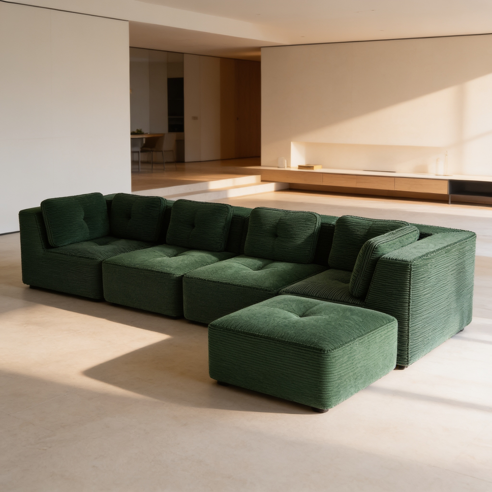 Modern Modular Sectional Sofa for Living Room, Corduroy Fabric, 4-Seater Couch with Deep Seat and Movable Ottoman,Pearl-like piping, Tufted Design,No Assembly, Anti-slip Design,Green-W714S01799 - 场景图