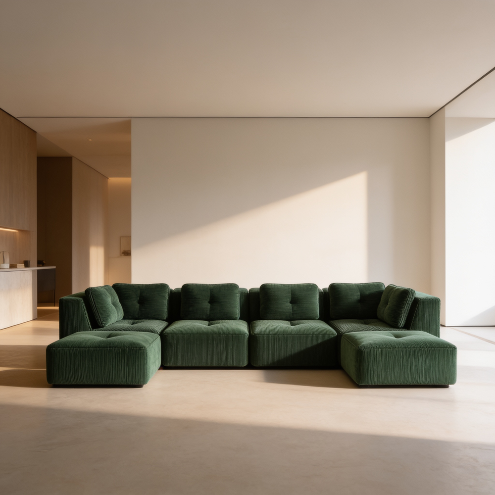 Modern U-Shaped Modular Sectional Sofa for Living Room, Corduroy Fabric,4-Seater Couch with Deep Seat and 2-Movable Ottoman,Pearl-like piping, Tufted Design, No Assembly, Anti-slip Design, Green-W714S01800 - 场景图