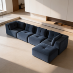 Modern Modular Sectional Sofa for Living Room, Corduroy Fabric, 4-Seater Couch with Deep Seat and Movable Ottoman,Pearl-like piping, Tufted Design,No Assembly, Anti-slip Design,Blue-W714S01805 - 场景图