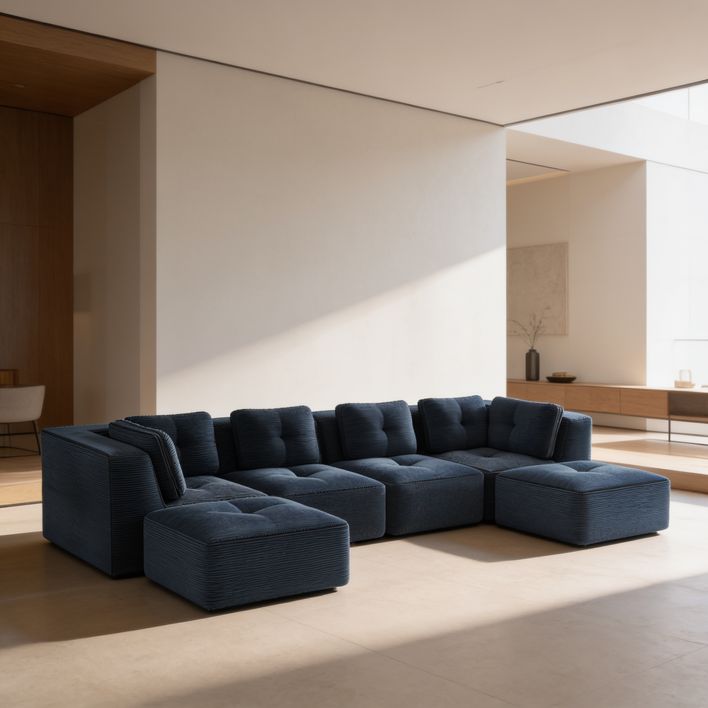 Modern Modular Sectional Sofa for Living Room, Corduroy Fabric,4-Seater Couch with Deep Seat and 2-Movable Ottoman,Pearl-like piping, Tufted Design, No Assembly, Anti-slip Design, Blue-W714S01806 - 场景图