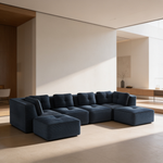 Modern Modular Sectional Sofa for Living Room, Corduroy Fabric,4-Seater Couch with Deep Seat and 2-Movable Ottoman,Pearl-like piping, Tufted Design, No Assembly, Anti-slip Design, Blue-W714S01806 - 场景图