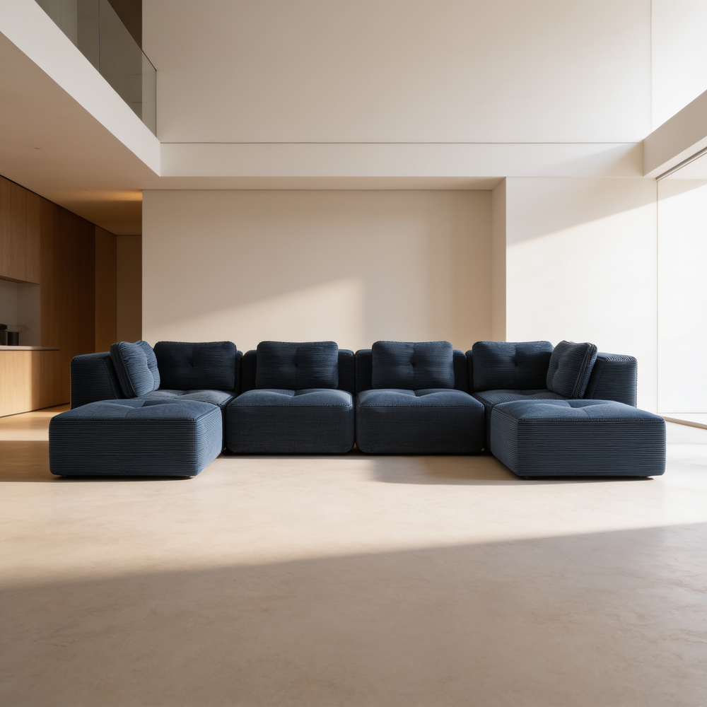 Modern Modular Sectional Sofa for Living Room, Corduroy Fabric,4-Seater Couch with Deep Seat and 2-Movable Ottoman,Pearl-like piping, Tufted Design, No Assembly, Anti-slip Design, Blue-W714S01806 - 场景图