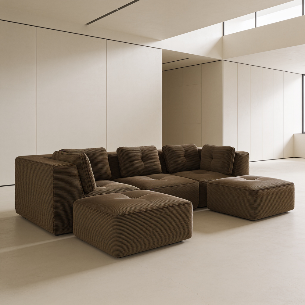 Modern Modular Sectional Sofa for Living Room, Corduroy Fabric,3-Seater Couch with Deep Seat and 2-Movable Ottoman,Pearl-like piping, Tufted Design, No Assembly, Anti-slip Design, Brown-W714S01809 - 场景图