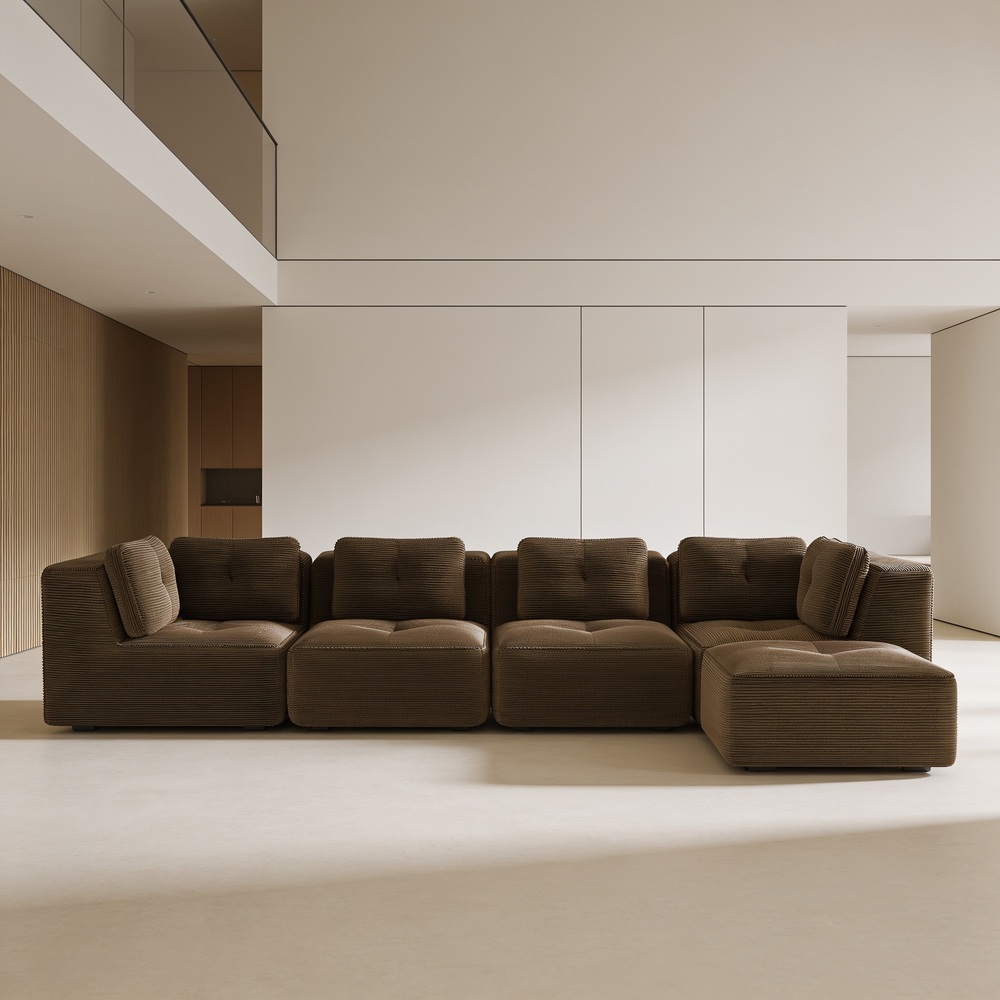 Modern Modular Sectional Sofa for Living Room, Corduroy Fabric, 4-Seater Couch with Deep Seat and Movable Ottoman,Pearl-like piping, Tufted Design,No Assembly, Anti-slip Design,Brown-W714S01811 - 场景图