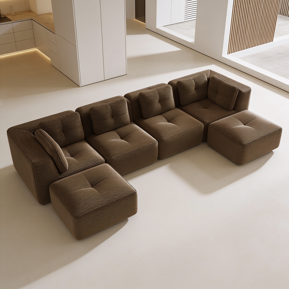 Modern Modular Sectional Sofa for Living Room, Corduroy Fabric,4-Seater Couch with Deep Seat and 2-Movable Ottoman,Pearl-like piping, Tufted Design, No Assembly, Anti-slip Design, Brown-W714S01812 - 场景图