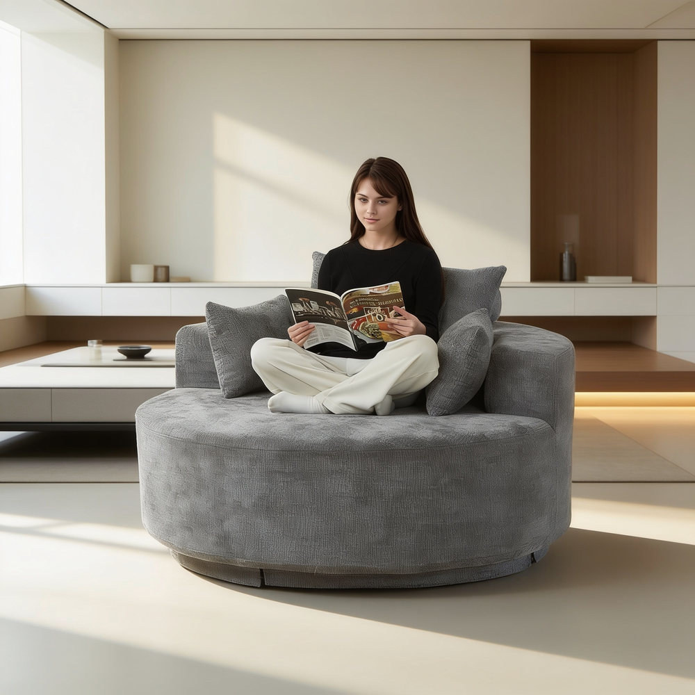 55''L Chenille Foam Single Swivel Chair, Fluffy Modern Sleeper, 360 Degree Swivel Chair for Living Room, Bedroom, Lounge and Projection Room-W834S00643 - 场景图