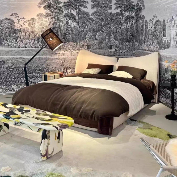 Italian Minimalist Mermaid Tail Upholstered Bed, White Pine Frame with Chenille Fabric, King Size for Master Bedroom xrmz-0226-66