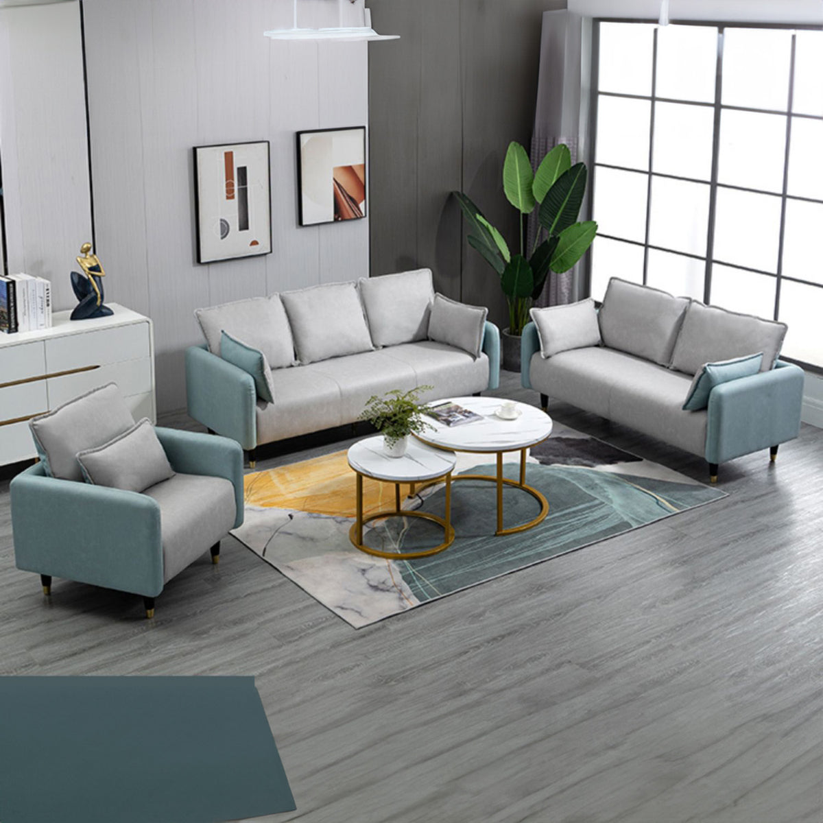 Contemporary Multi-Color Fabric Sofa in Mint Green, Light Gray, Orange, Blue, and Red with Wood Accents yr-120