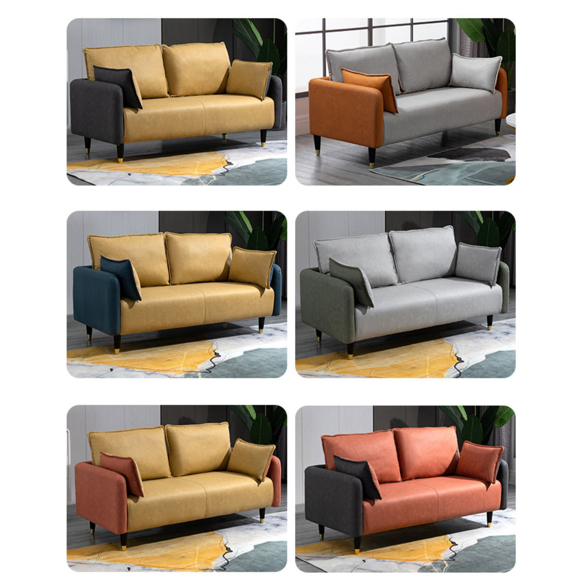 Contemporary Multi-Color Fabric Sofa in Mint Green, Light Gray, Orange, Blue, and Red with Wood Accents yr-120