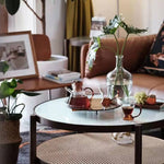 Stunning Black & Cherry Wood Tea Table with Glass Top and Rattan Weaving yw-169