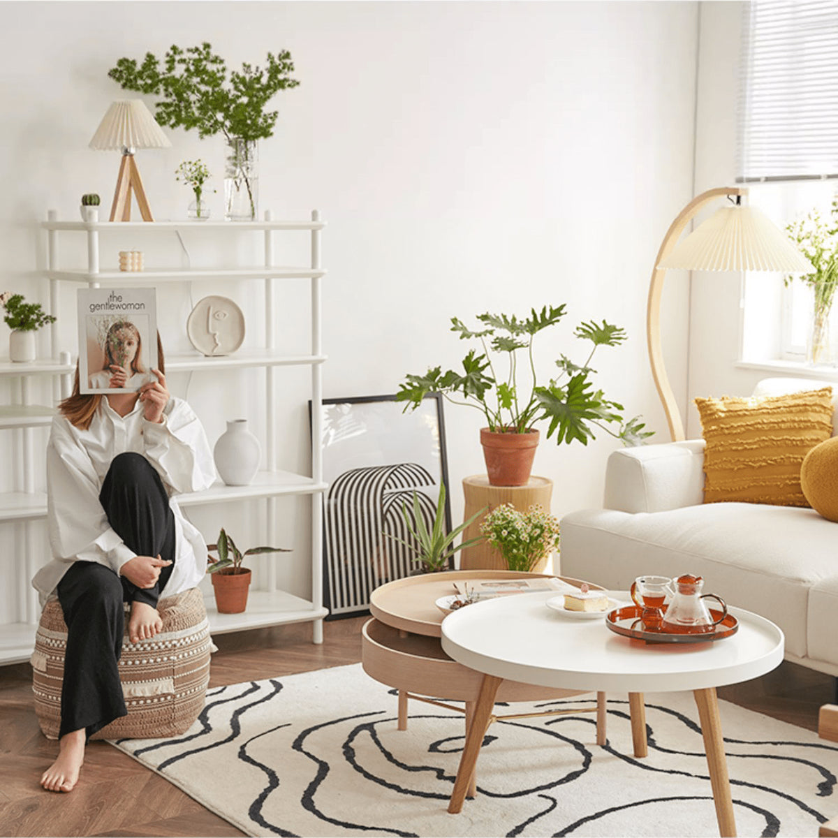 Modern White and Oak Tea Table - Sleek Particle Board Design yw-180