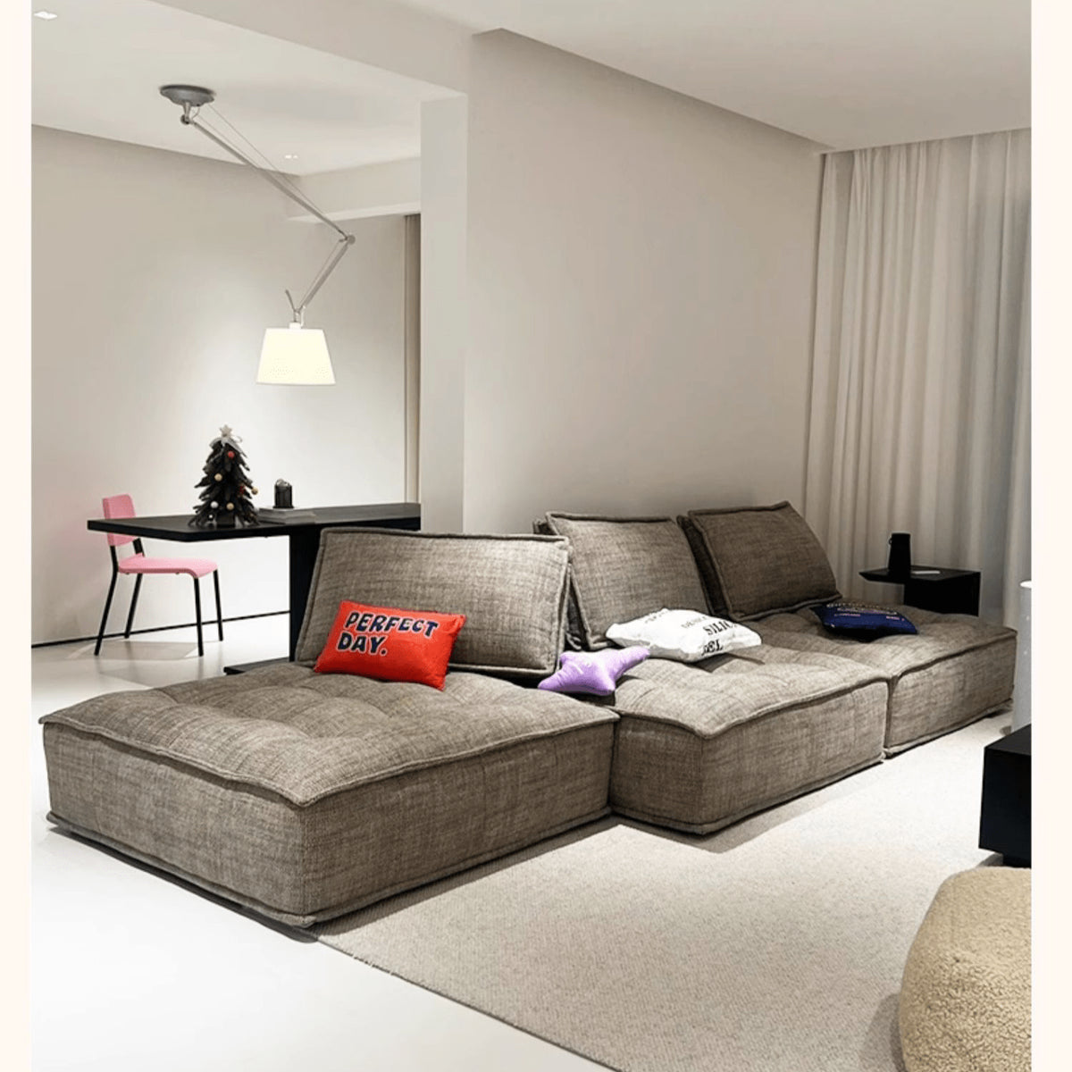 Stylish Modern Sofa in Light Gray and Brown Techno Fabric - Sleek Black Accents yw-181