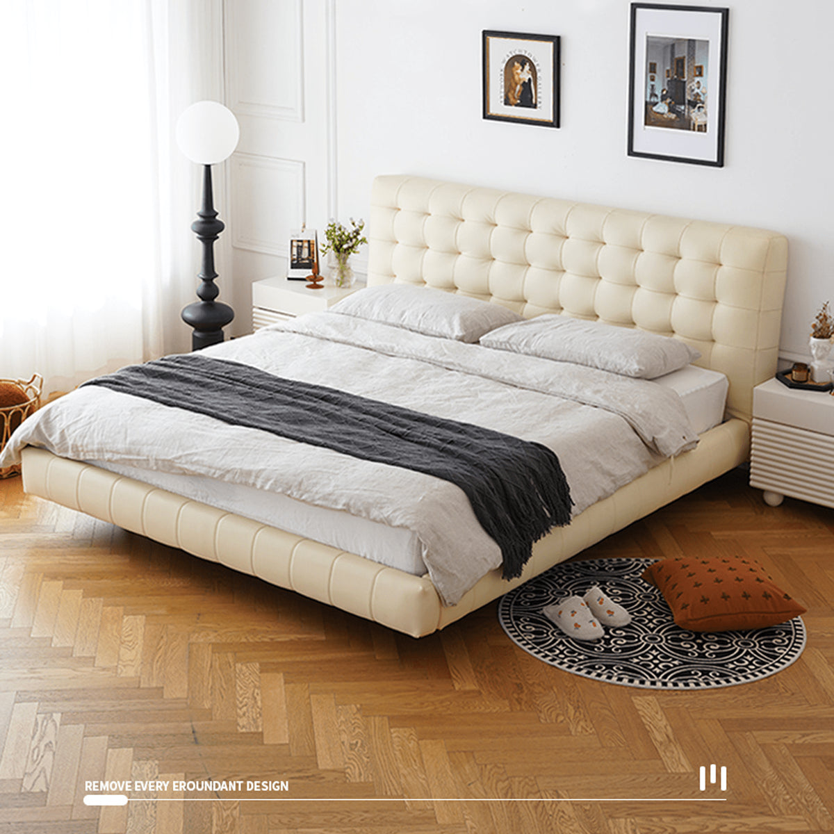 Luxurious Off-White & Black PU Leather Bed with Beech Wood Frame - Modern Elegance for Your Bedroom yw-201