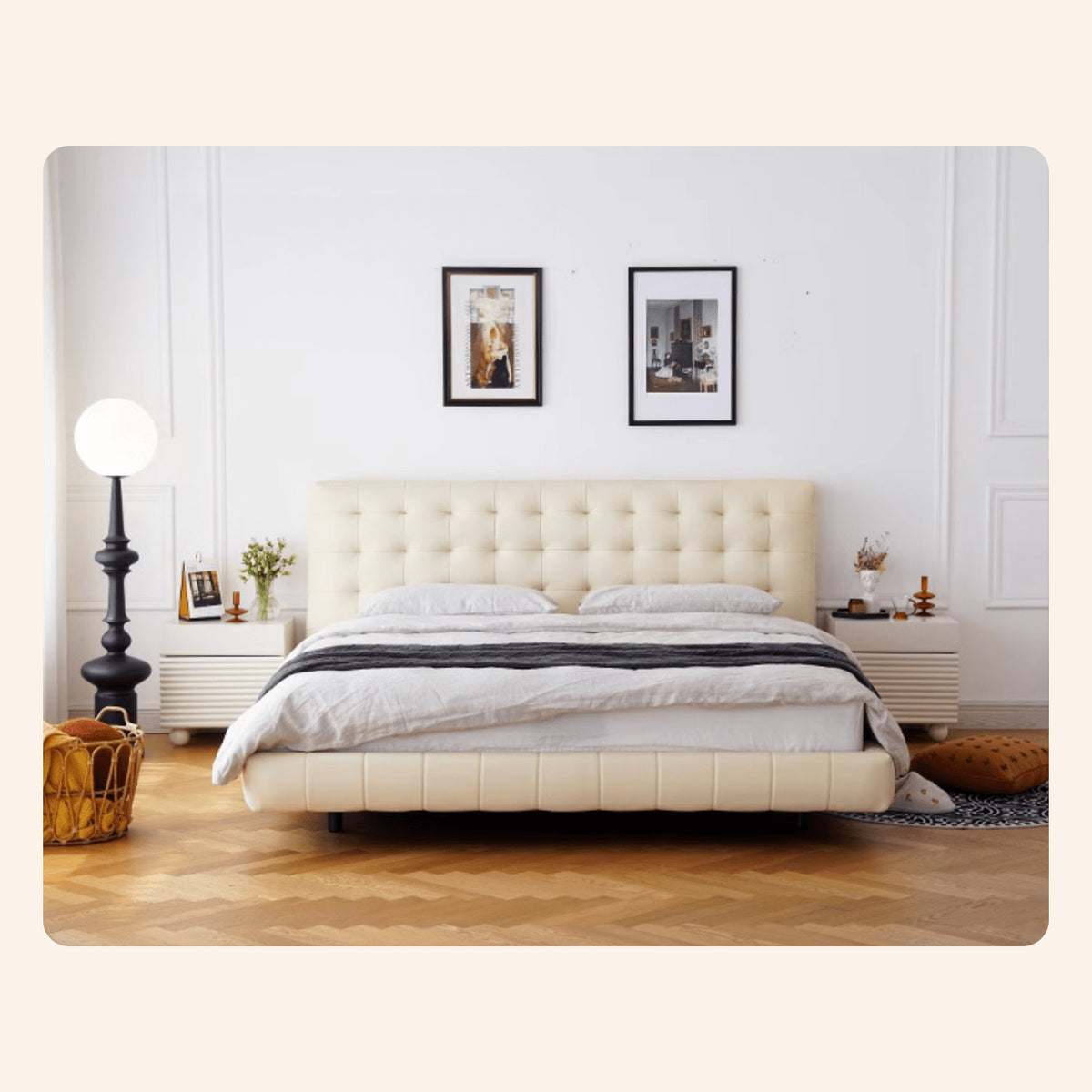 Luxurious Off-White & Black PU Leather Bed with Beech Wood Frame - Modern Elegance for Your Bedroom yw-201