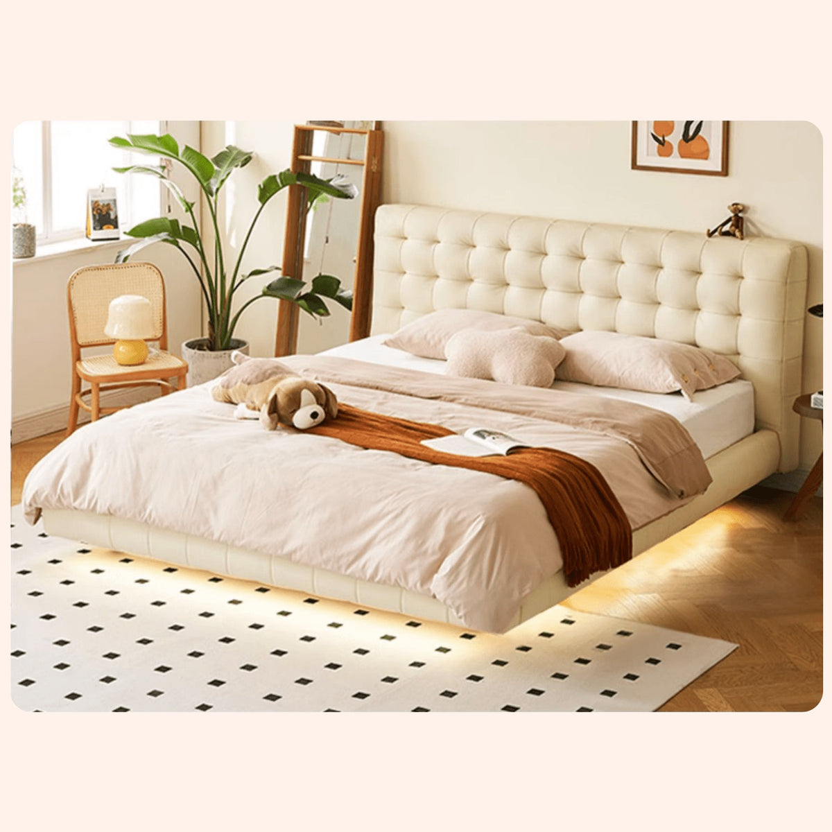 Luxurious Off-White & Black PU Leather Bed with Beech Wood Frame - Modern Elegance for Your Bedroom yw-201