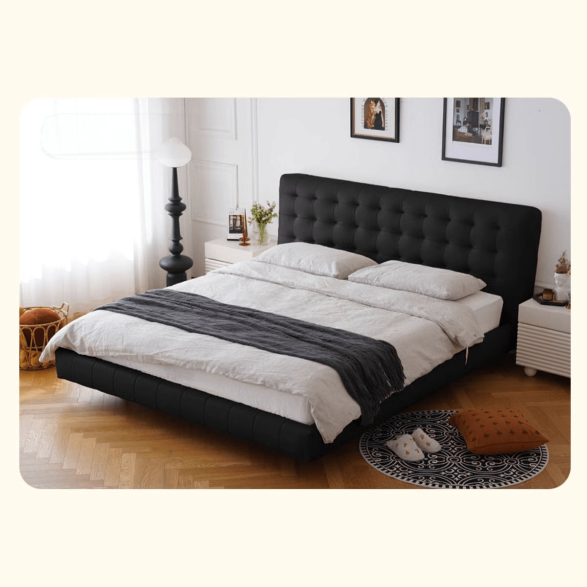 Luxurious Off-White & Black PU Leather Bed with Beech Wood Frame - Modern Elegance for Your Bedroom yw-201