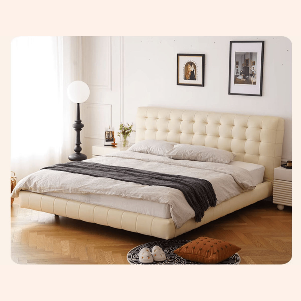 Luxurious Off-White & Black PU Leather Bed with Beech Wood Frame - Modern Elegance for Your Bedroom yw-201