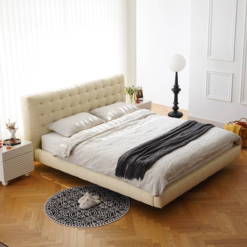 Luxurious Off-White & Black PU Leather Bed with Beech Wood Frame - Modern Elegance for Your Bedroom yw-201