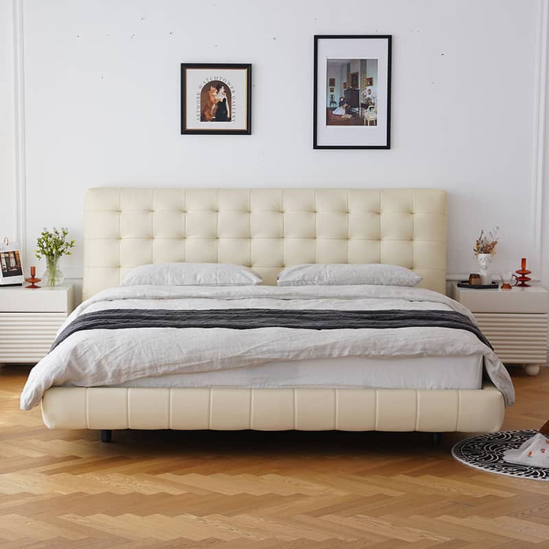 Luxurious Off-White & Black PU Leather Bed with Beech Wood Frame - Modern Elegance for Your Bedroom yw-201