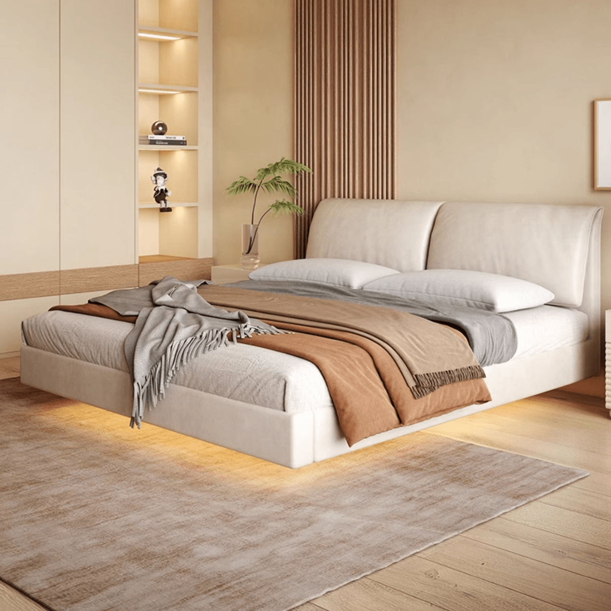 Off White Pine Bed in Premium Techno Fabric for Stylish Comfort yw-208