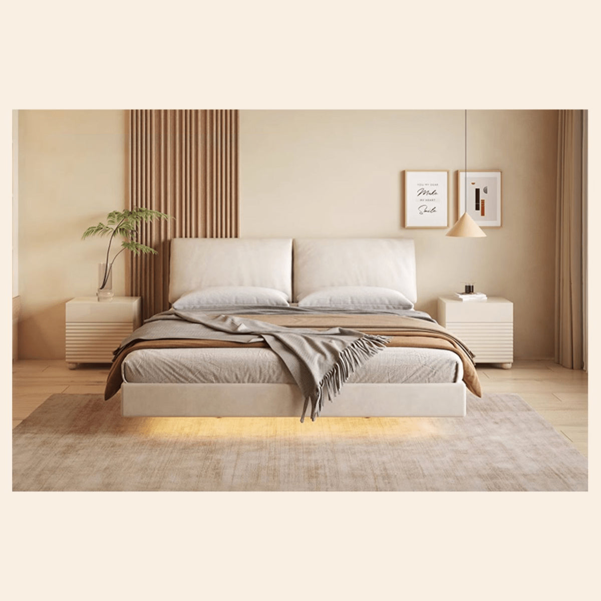 Off White Pine Bed in Premium Techno Fabric for Stylish Comfort yw-208