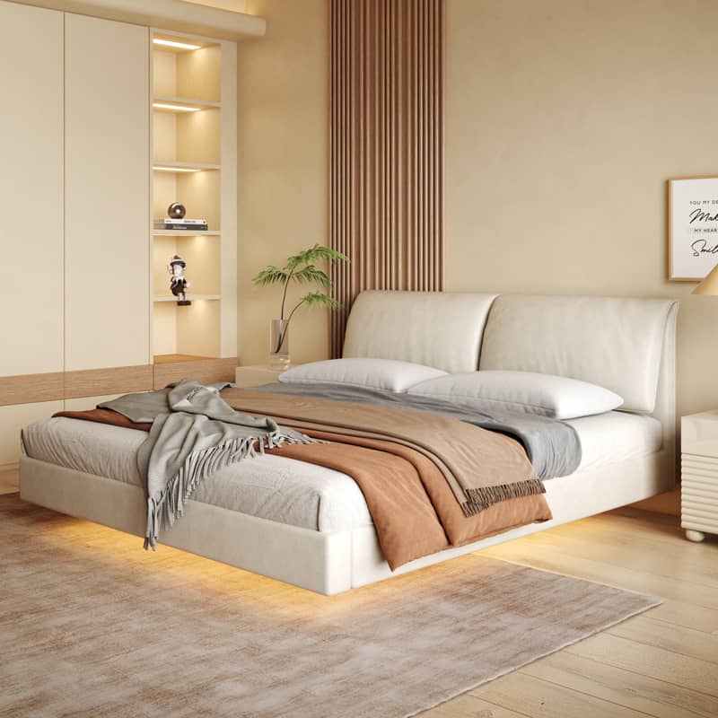 Off White Pine Bed in Premium Techno Fabric for Stylish Comfort yw-208