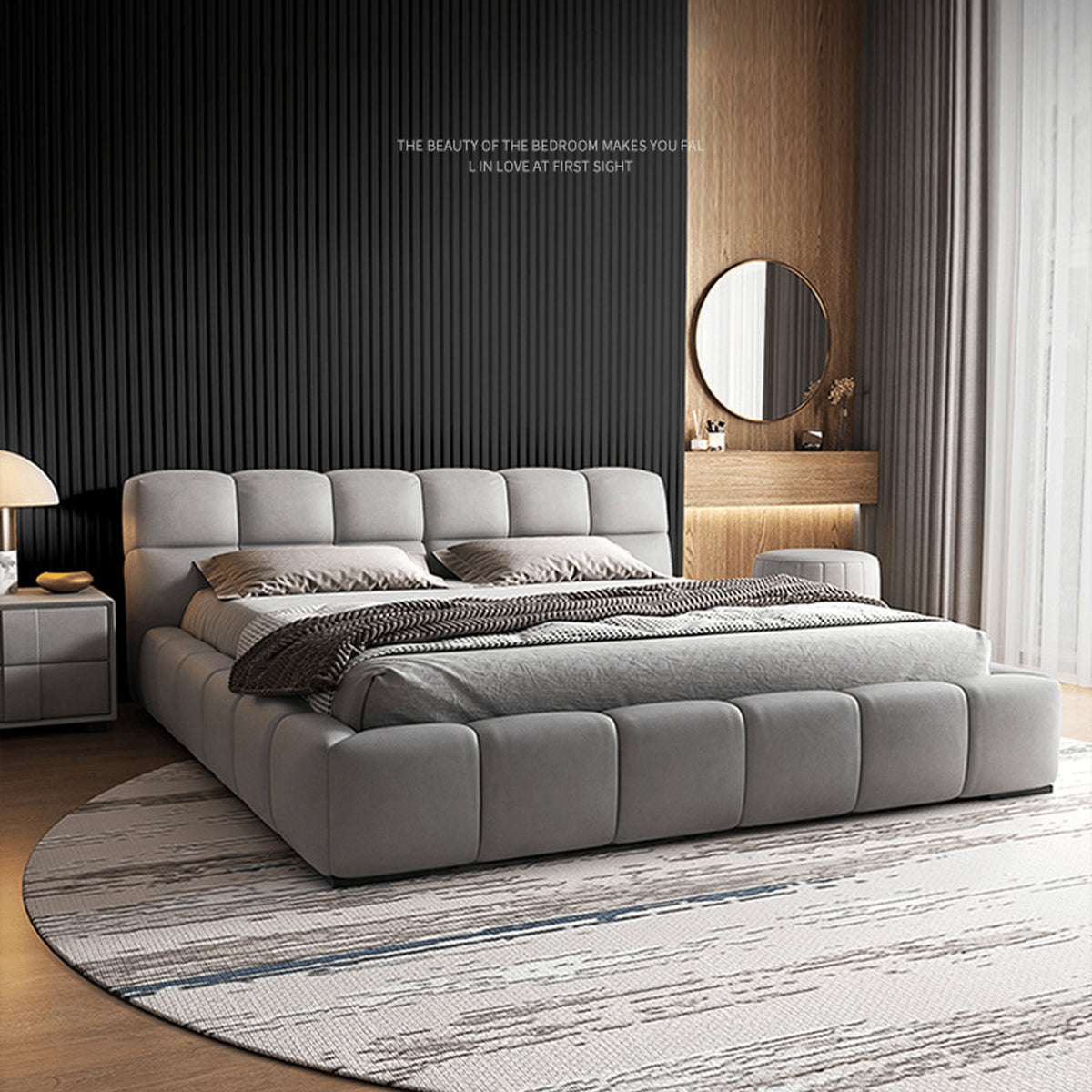 Modern Bed with Light Gray and Off White Techno Fabric for Stylish Comfort yw-215