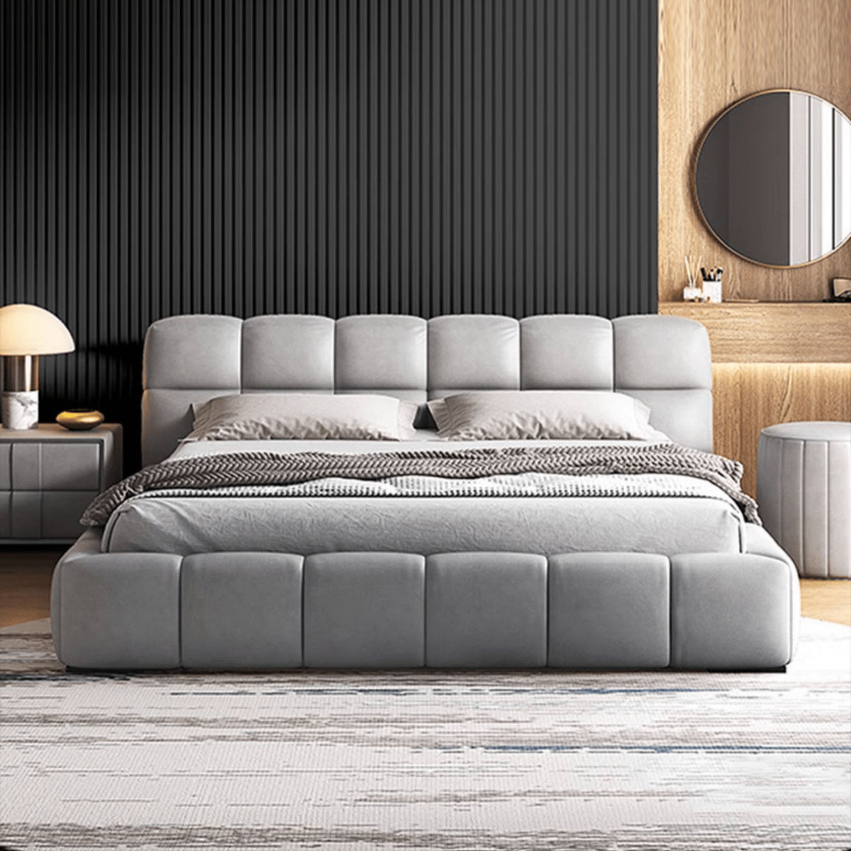 Modern Bed with Light Gray and Off White Techno Fabric for Stylish Comfort yw-215