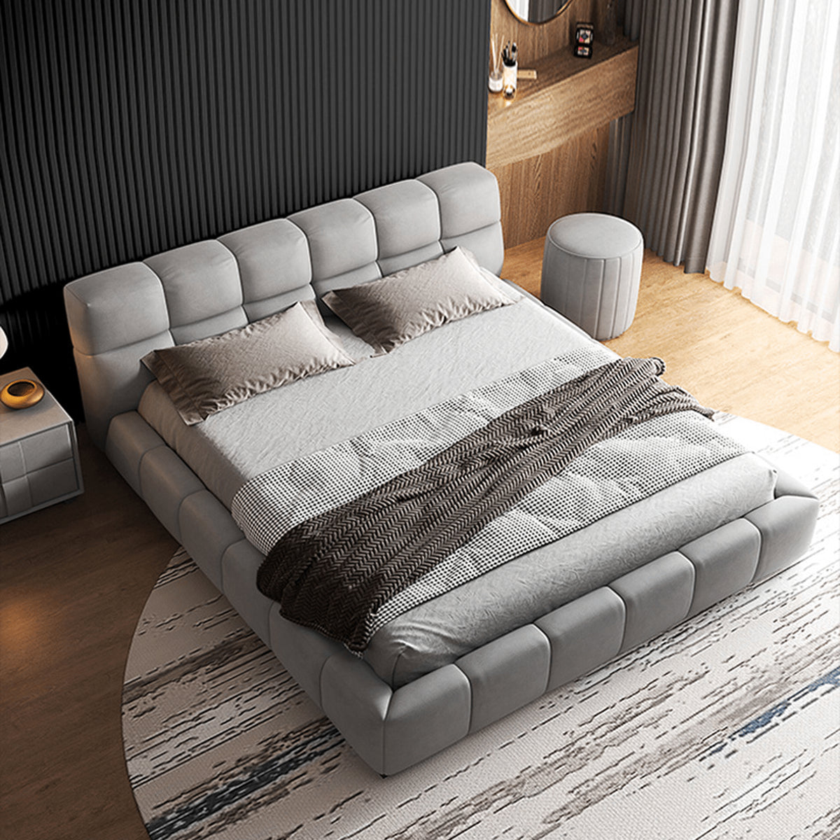 Modern Bed with Light Gray and Off White Techno Fabric for Stylish Comfort yw-215