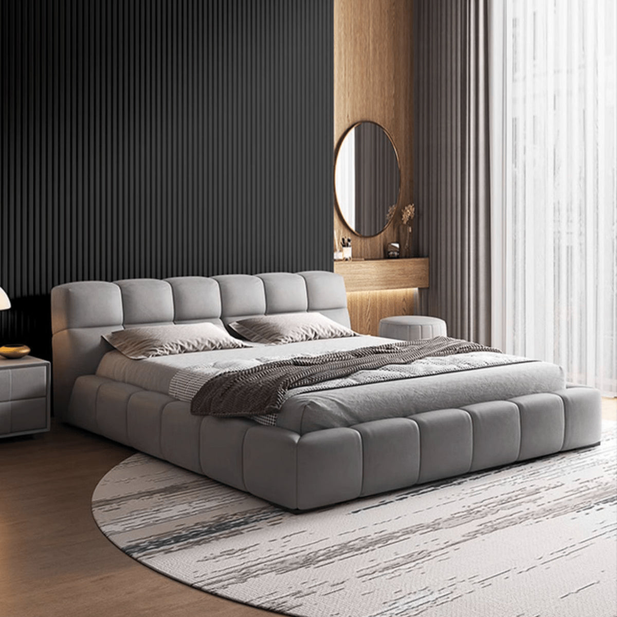 Modern Bed with Light Gray and Off White Techno Fabric for Stylish Comfort yw-215