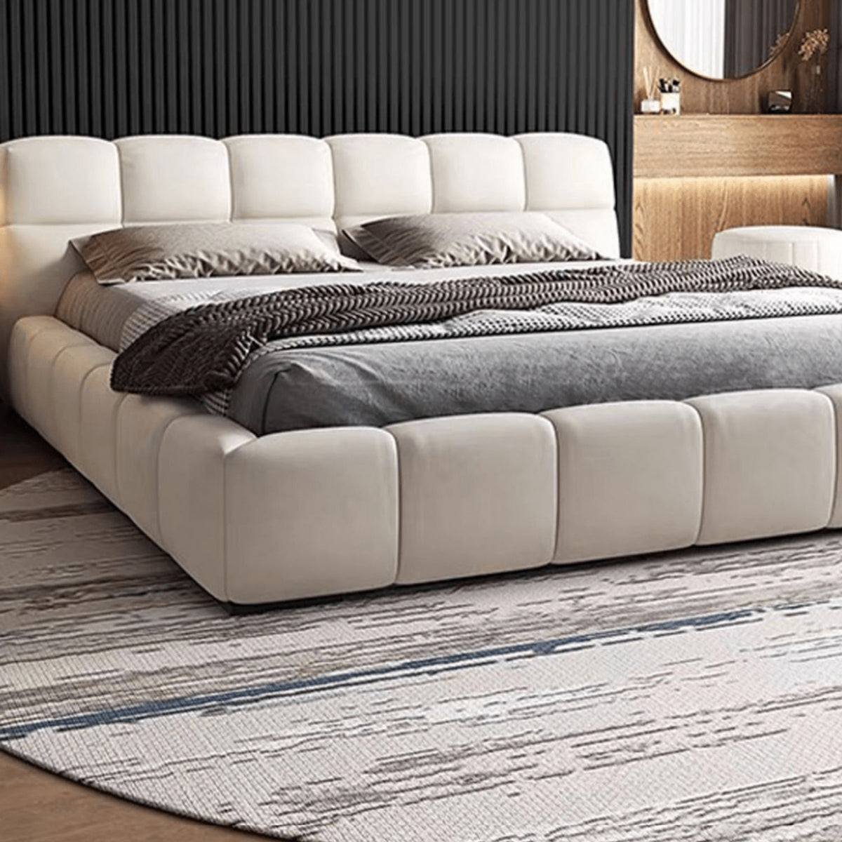 Modern Bed with Light Gray and Off White Techno Fabric for Stylish Comfort yw-215