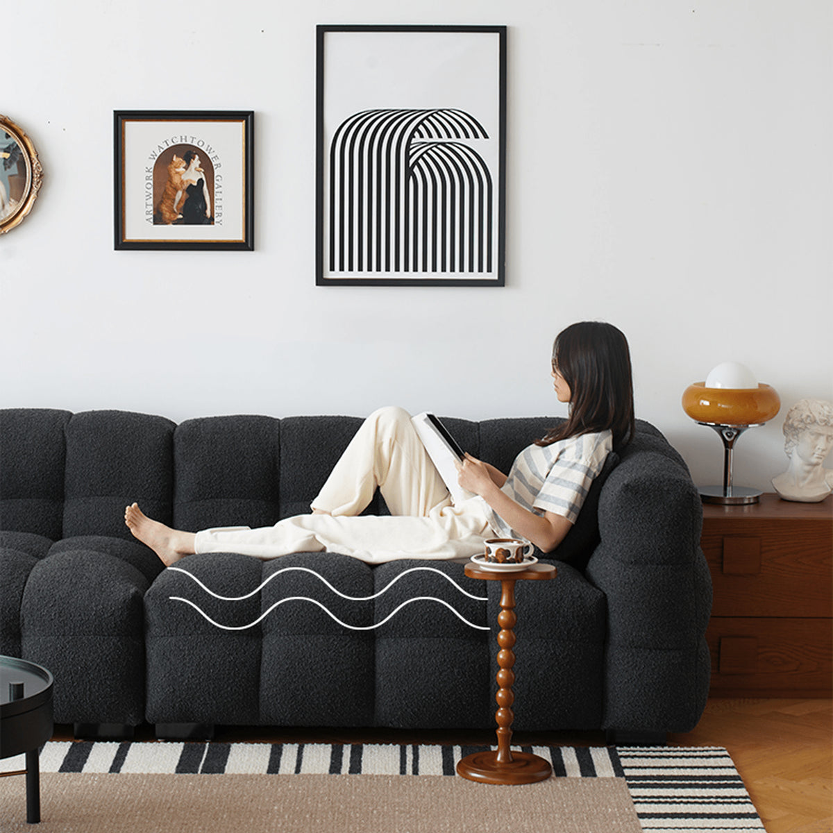 Modern Sofa with Black Faux Lambswool and White Pine Frame yw-218