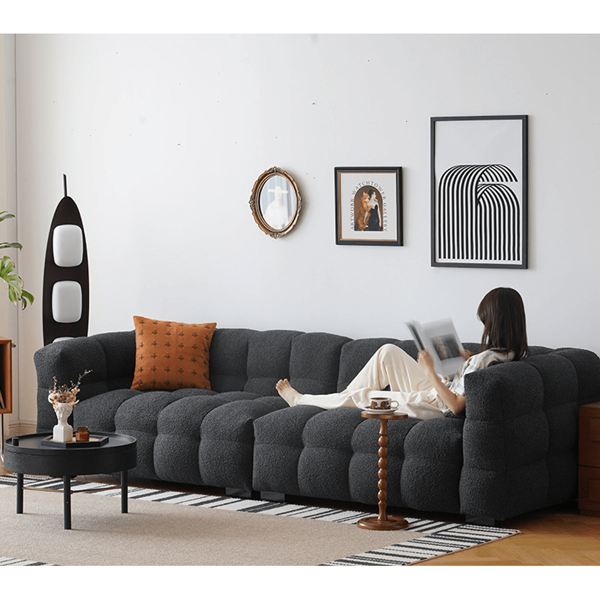 Modern Sofa with Black Faux Lambswool and White Pine Frame yw-218