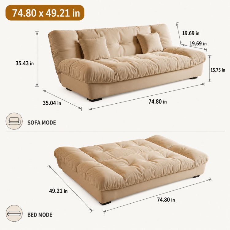 Soft Velvet Sofa Bed, Foldable 2-in-1 Sleeper Couch with Washable Cover, Single/Double Size, Cream Style zf-0429-1