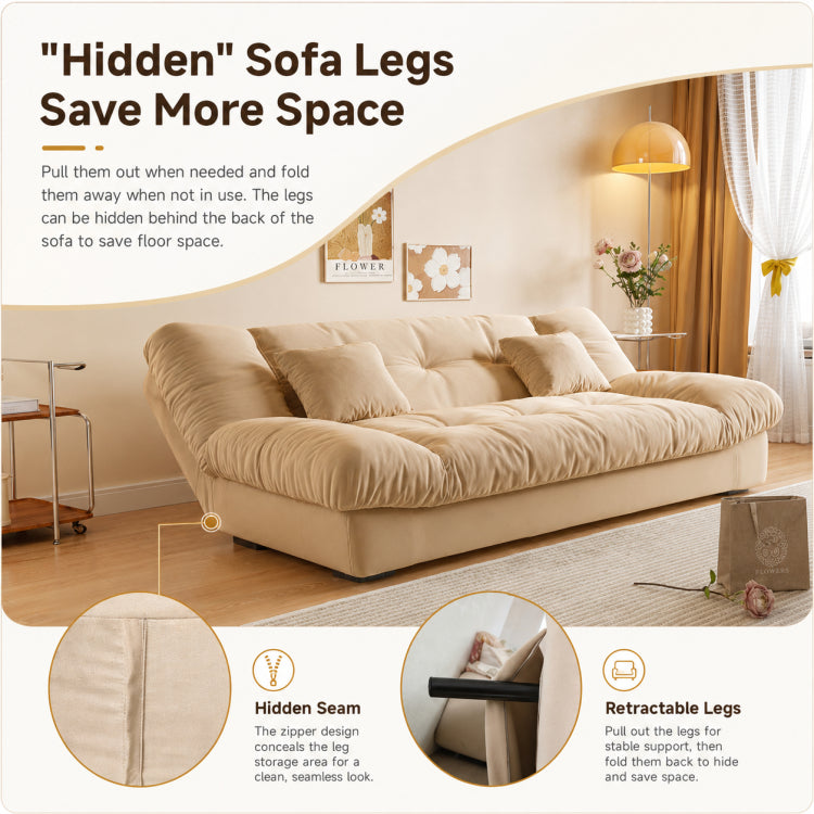 Soft Velvet Sofa Bed, Foldable 2-in-1 Sleeper Couch with Washable Cover, Single/Double Size, Cream Style zf-0429-1