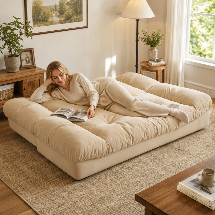 Soft Velvet Sofa Bed, Foldable 2-in-1 Sleeper Couch with Washable Cover, Single/Double Size, Cream Style zf-0429-1