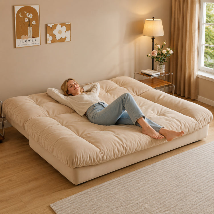Soft Velvet Sofa Bed, Foldable 2-in-1 Sleeper Couch with Washable Cover, Single/Double Size, Cream Style zf-0429-1