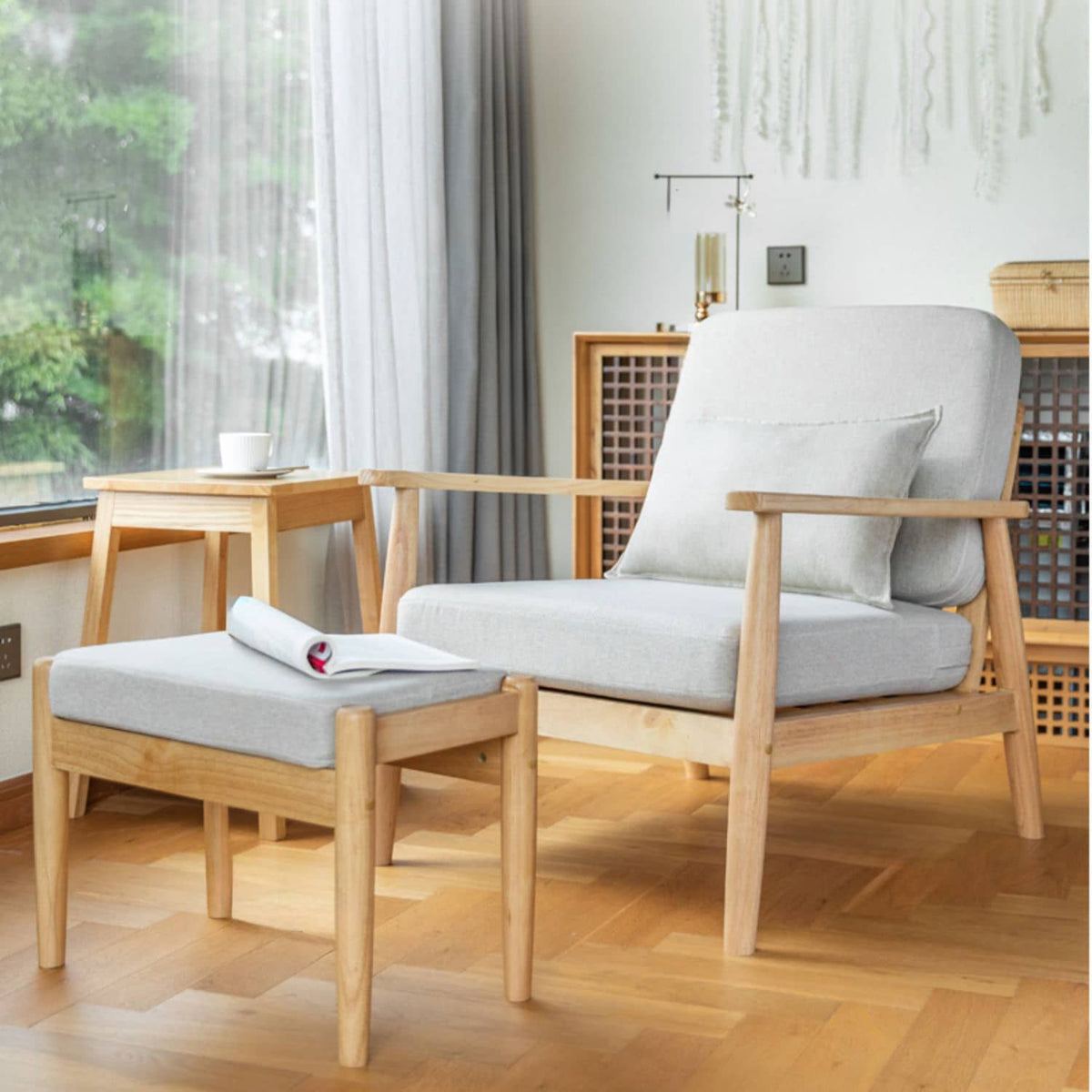 Stylish Off-White Gray Stool with Rubber Wood Legs and Soft Fabric Seat zsjj-158